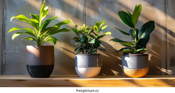 Three Green Potted Plants on a Wooden Shelf