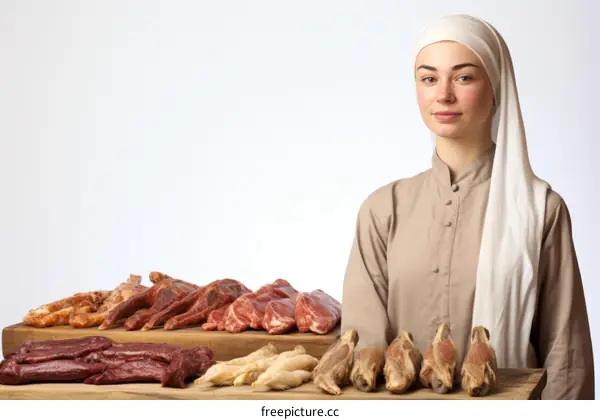 Young woman in habit with raw meat