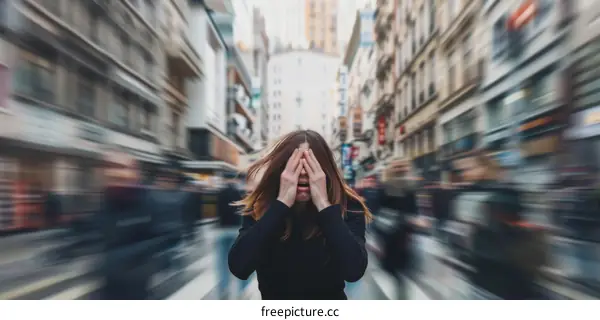 A young woman covers her face in despair on a busy street.
