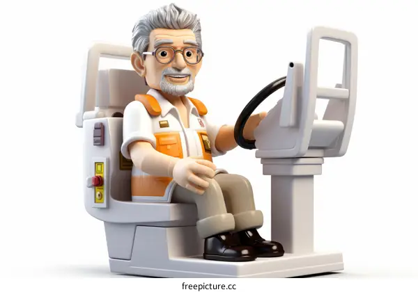 A cartoon image of a man sitting in a control room