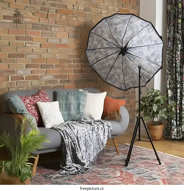 Photography Studio Setup With Grey Sofa And Brick Wall