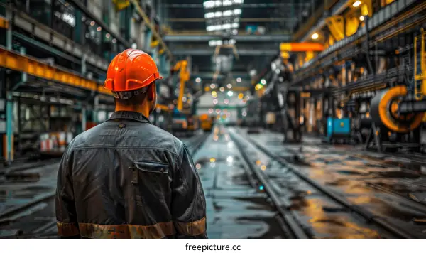 A worker wearing a hard hat is looking at the factory workshop.