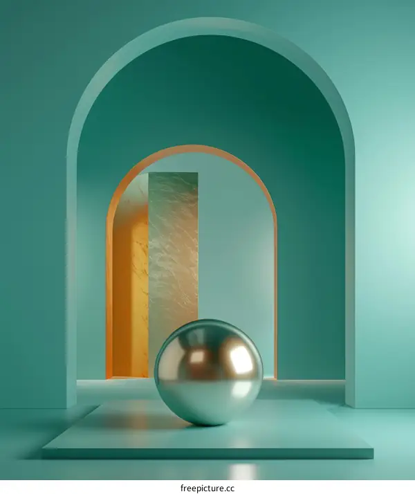 Modern Minimalist Archway Studio Scene with Metallic Sphere