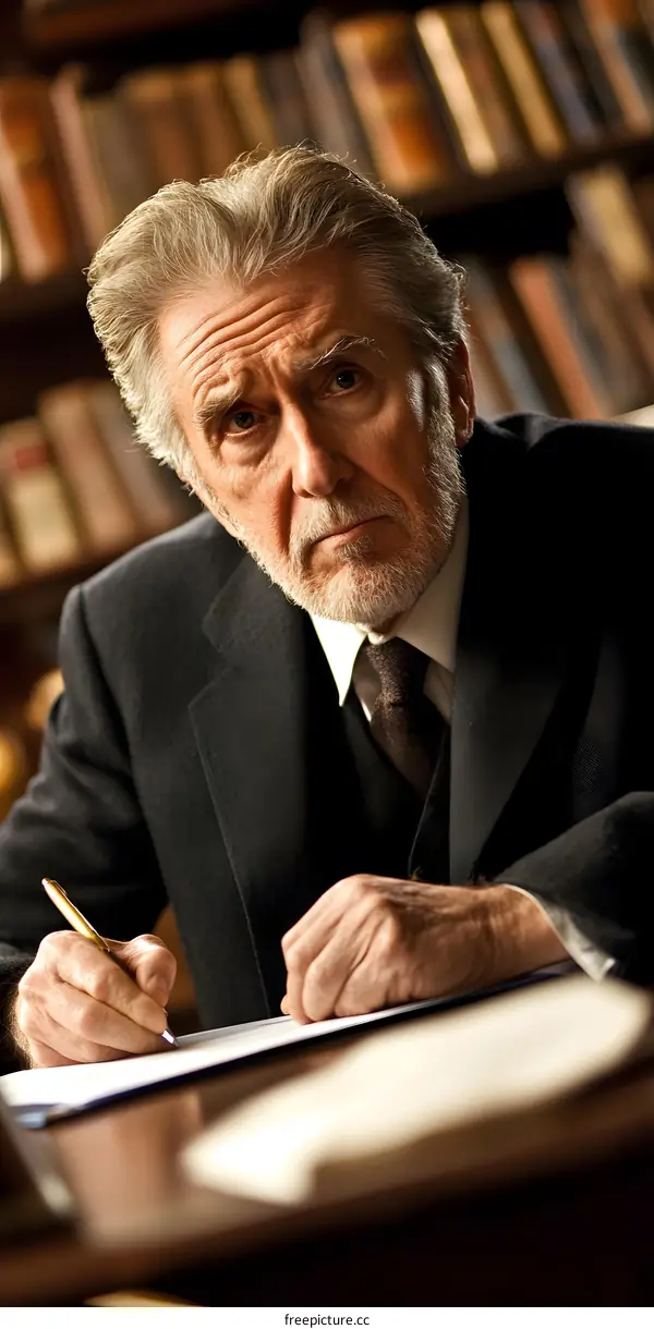 Portrait of an Elderly Man Writing on Paper in a Library