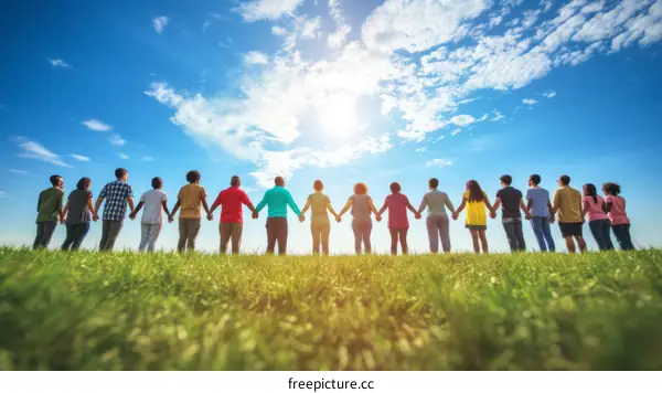 People of different races holding hands in a field
