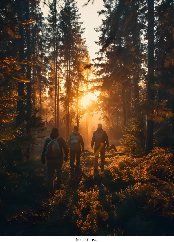 Three Hikers Walking Through a Forest at Sunset