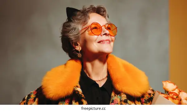 Stylish Senior Woman with Orange Sunglasses and Flowers
