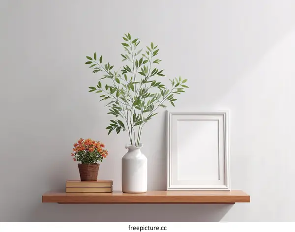 Modern Minimalist Shelf Decor with Plants and Frame