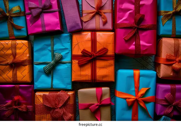 A variety of wrapped presents with ribbons and bows