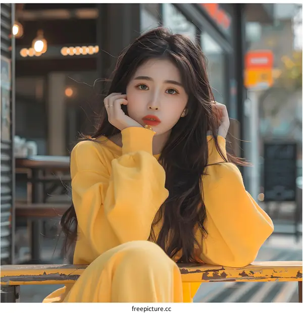 Young Asian Woman in Yellow Outfit Sitting on a Bench