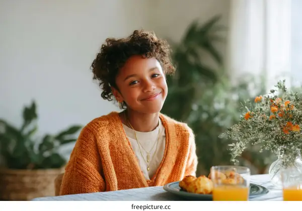 Smiling Girl Enjoying Breakfast in a Cozy Home