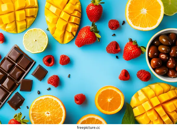Flat Lay of Fresh Tropical Fruits and Chocolate on Blue Background