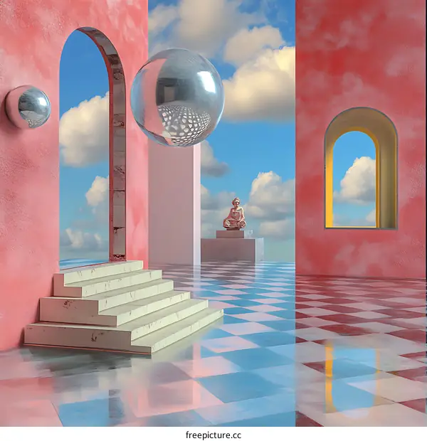 Surreal 3D Illustration of a Room with Pink Walls and a Checkered Floor