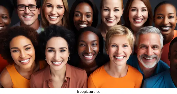 A group of diverse people smiling happily