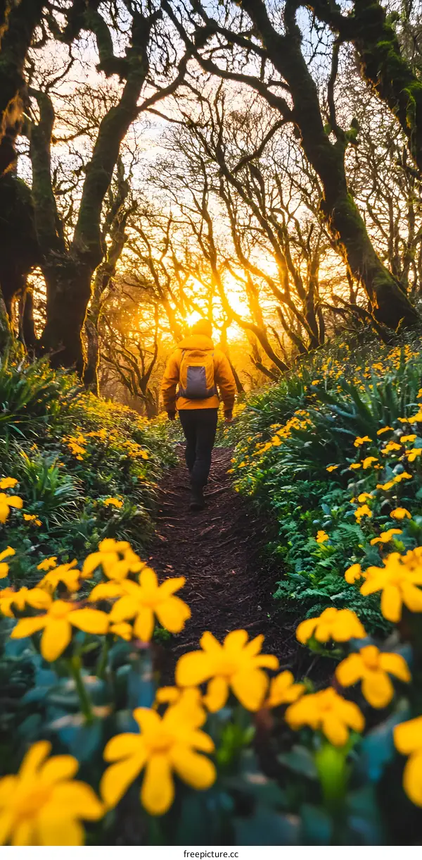Person Walking Through a Forest Path at Sunset with Yellow Flowers
