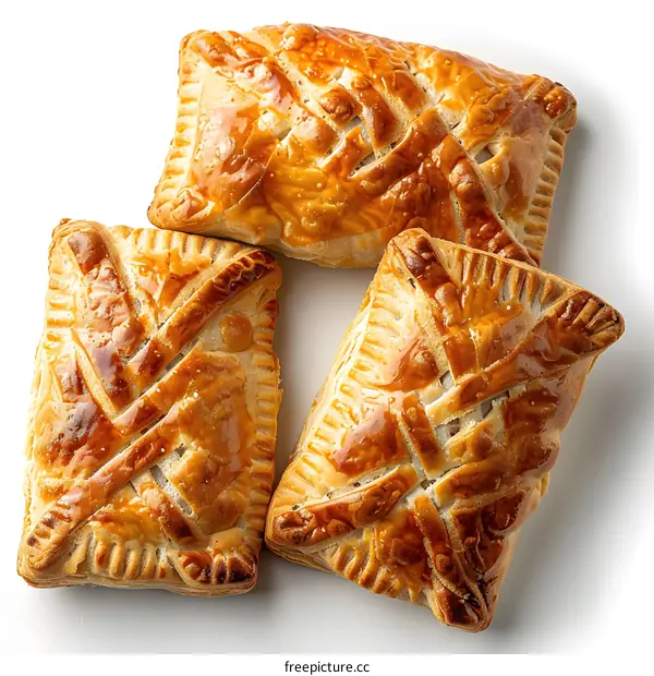 Three baked puff pastry pies with a golden crust