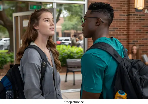 Two Students Talking Outside University Building