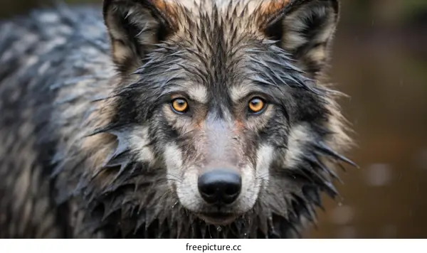 Close-up Portrait of a Wet Wolf