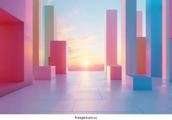 Surreal geometric landscape with a setting sun