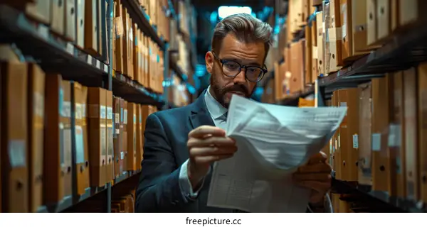 Male researcher reading a document in a library.