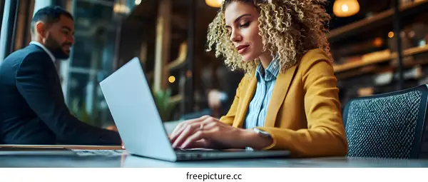 Woman Working on Laptop in a Cafe