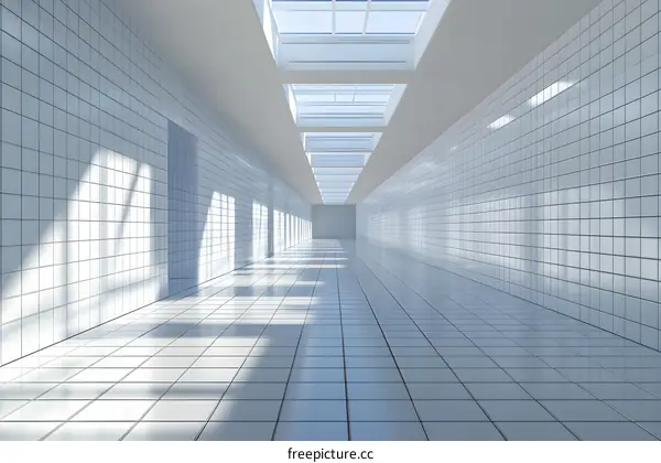 White Tiled Corridor with Skylights