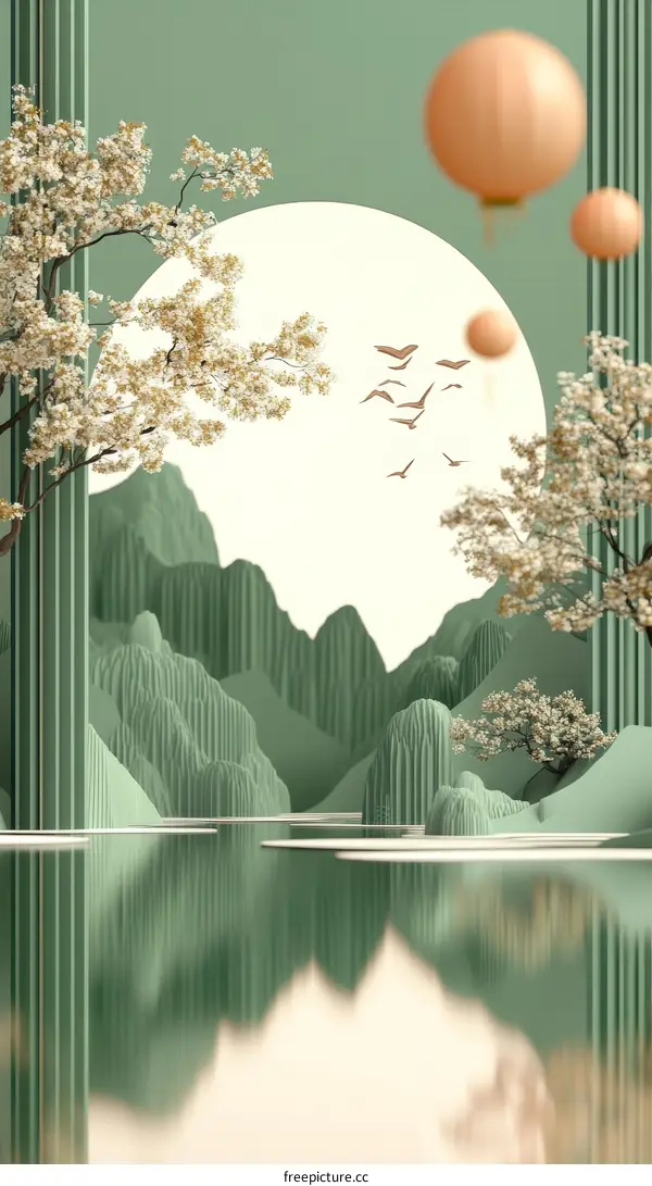 Abstract Chinese Landscape Illustration with Blooming Cherry Trees