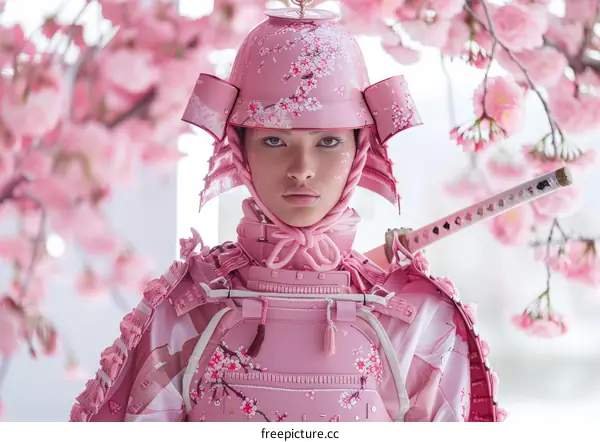 A woman wearing Japanese samurai armor stands in a field of cherry blossoms.