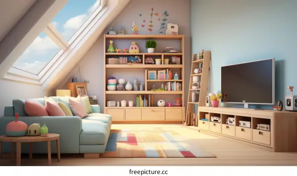 Cozy and bright attic playroom filled with toys