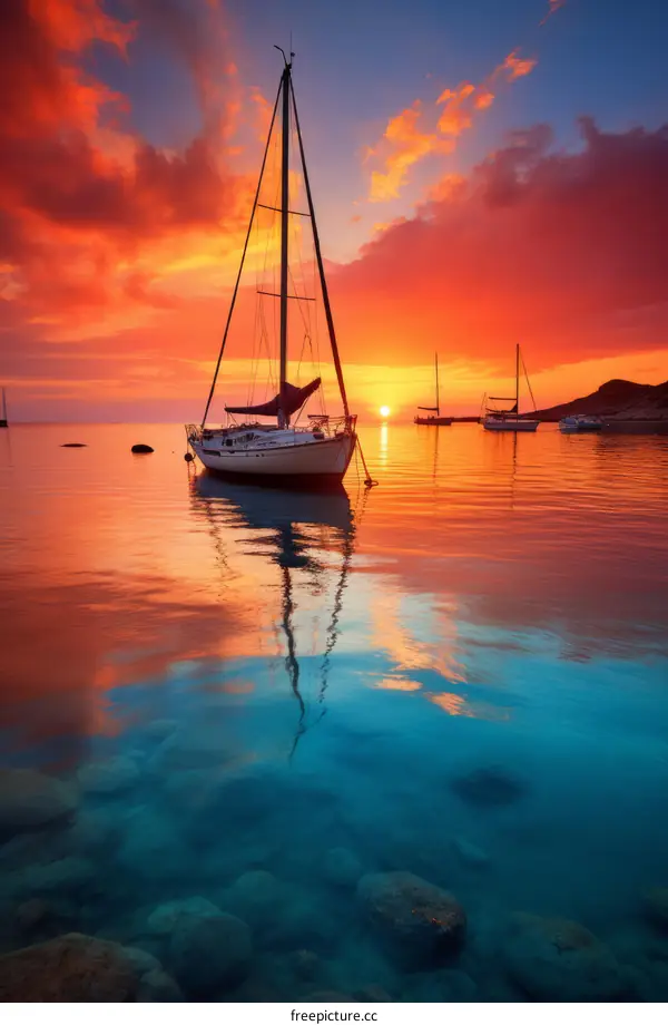 sailboat on calm sea at sunset with vibrant red orange sky