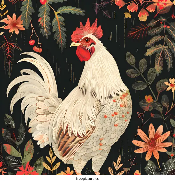 Rooster Illustration With Floral Background