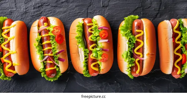 Colorful hotdogs served on black stone