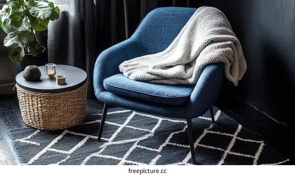 Cozy Living Room Corner with Blue Chair and Blanket