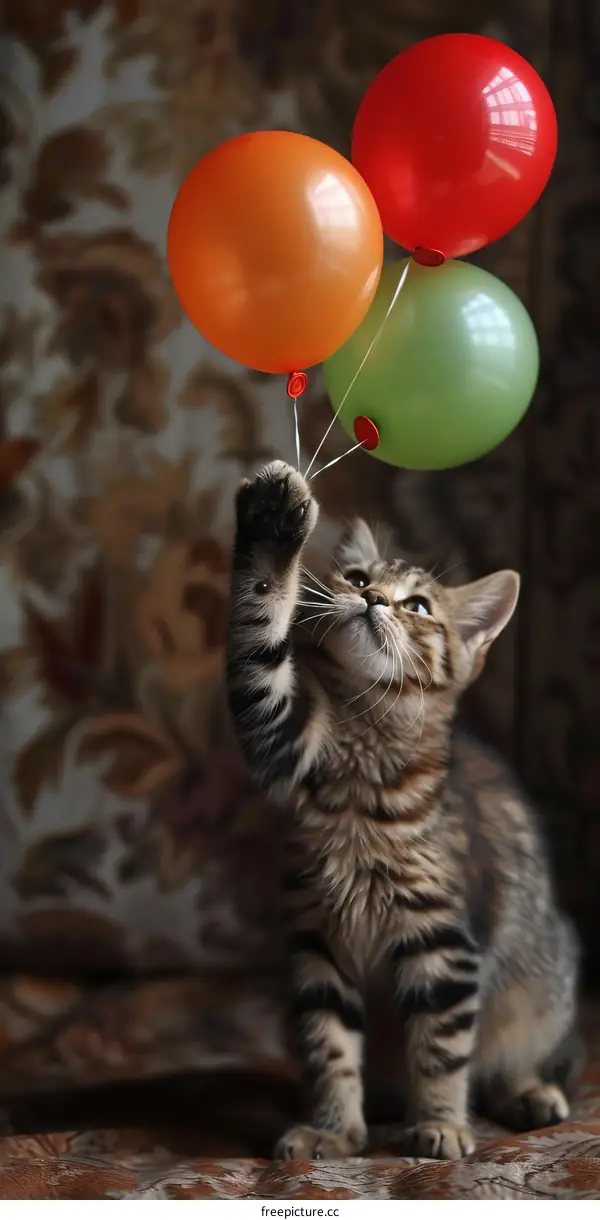 A Kitten Playing with Three Balloons