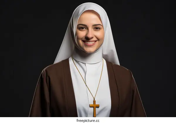 A smiling nun wearing a brown habit and white veil