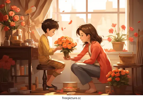 A boy giving flowers to his mom