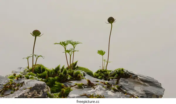 Closeup of Small Green Plants Growing on a Rock