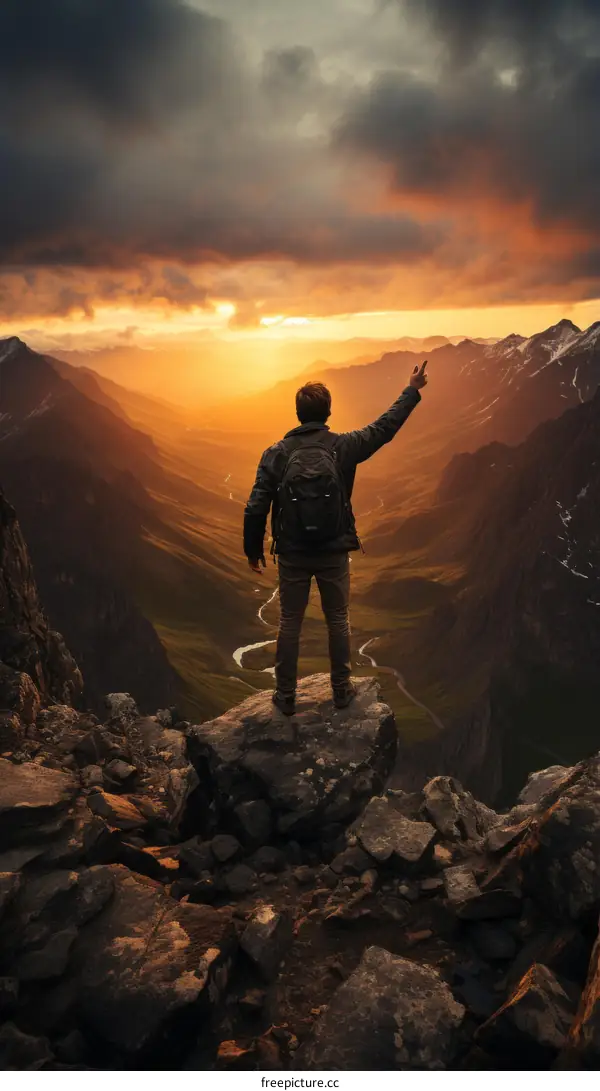 Man on top of a mountain raising his hand in victory