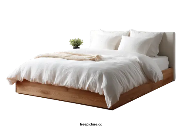 [Transparent Background PNG]Modern Minimalist Wooden Bed with Linen Bedding