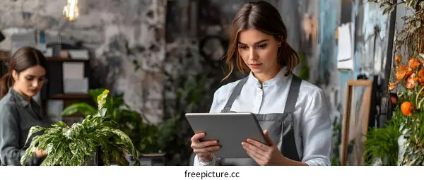 Woman using tablet in a flower shop