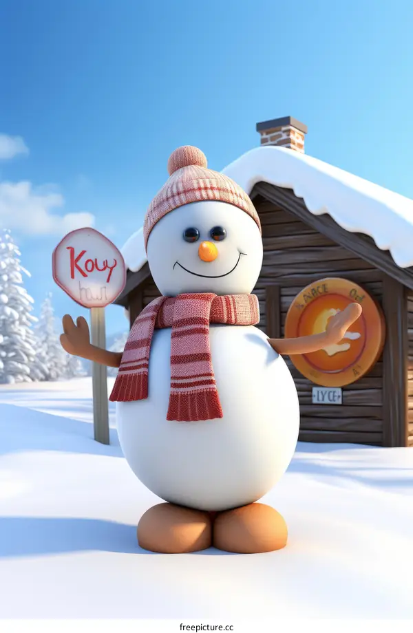 A cute snowman stands in front of a snowy cabin