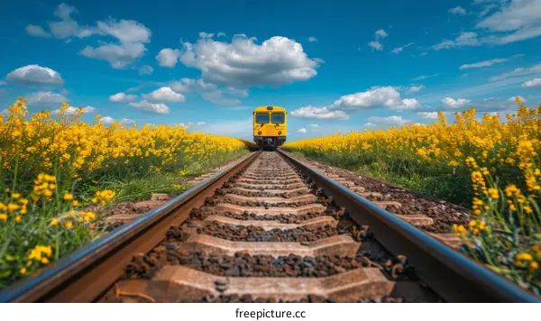 Yellow train passing through a field of yellow flowers