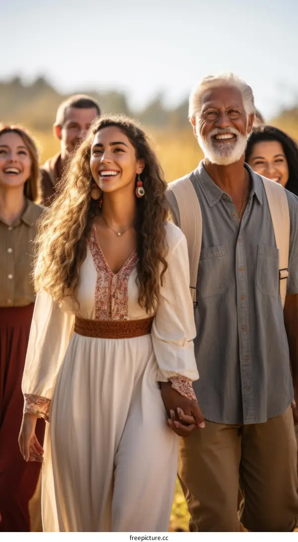 Multigenerational family walking in a field on a sunny day