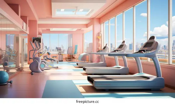 Pink and blue gym with a view of the city