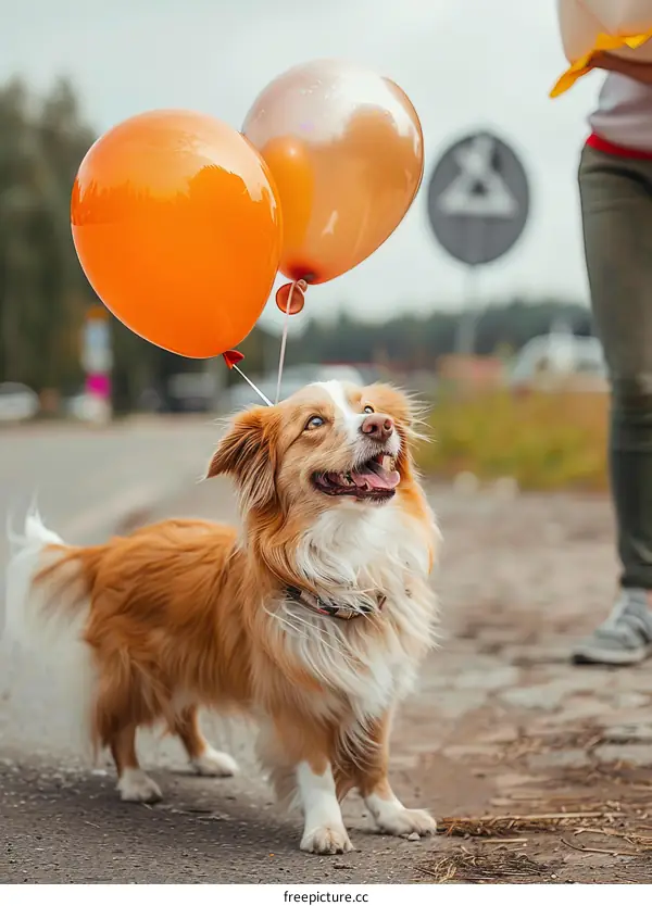 A happy dog with two orange balloons on its head