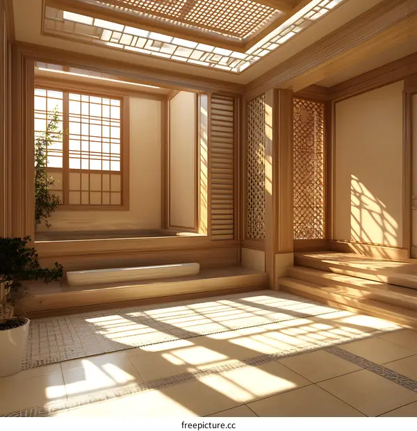 Japanese Style Interior Design With Wooden Bath Tub and Skylight