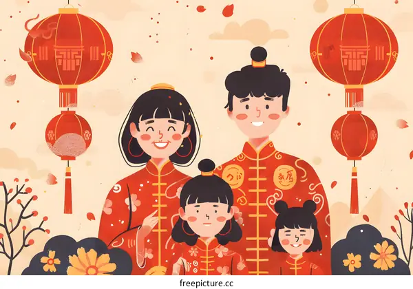 Chinese New Year Family Portrait Illustration with Red Lanterns