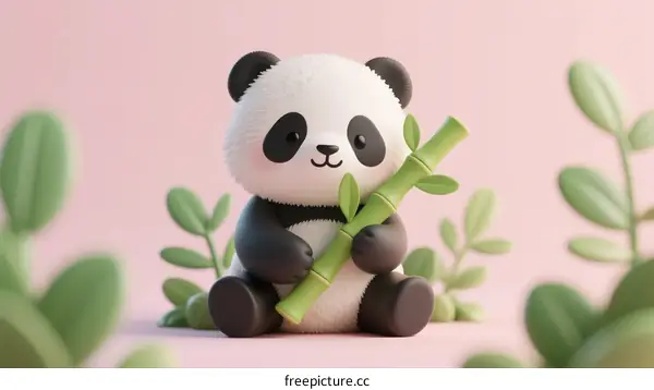 Cute 3D Panda Bear Holding Bamboo Branch with Green Leaves