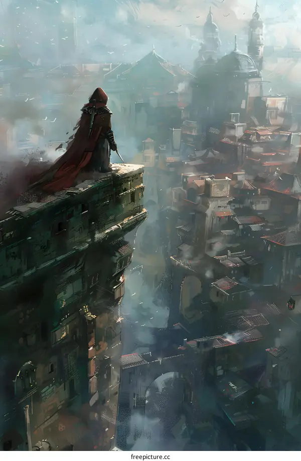 Fantasy Cityscape with a Person in Red