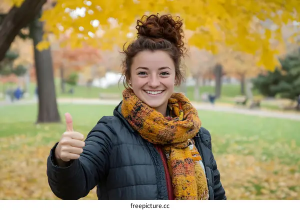 Smiling Woman Giving Thumbs Up In Autumn Park